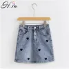 Hsa Summer Woman Washed Mini Denim Skirt Heart Embroidery Female High Waist Elastic Bodycon Hip Saia jea 210430