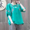 Style d'été femmes t-shirt grande taille lanterne manches lâche o-cou hauts broderie florale Vintage Femme lin t-shirt MMX01 210512