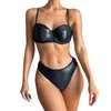 Dames badmode sexy lingerie 2 stuks set, zwarte PU lederen beha + hoge taille thong babydoll nachtkleding strandkleding