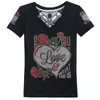 Summer Fashion Korean Clothes T-shirt Sexy Hollow Out Diamonds Letter Rose Women Tops Ropa Mujer Patchwork Mesh Tees 210317