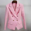 Wysokiej Jakości Mody Projektant Blazer Damskie Slim Metal Lion Buttons Podwójna Kurtka Breasted Baby Pink 211019