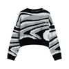 Kobieta Pullover Casual Knit Crop Sweter Zima Vintage Print Z Długim Rękawem Luźne Krótkie boki Ladies O-Neck Knitwear Topy 210515