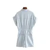 Women Cotton Denim Jumpsuit mode Korta ärmar Lossa overaller Vintage Wash Elastic midja tvättade jumpsuits 210521