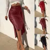 Saias Sexy Mulheres Outono Inverno Faux Leather Button Botão Bodycon Split Midi Skirt