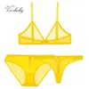 NXY sexy setVarsbaby Light Yellow Soft Mesh Sexy Lingerie 3 Pcs Deep V Bra+Panties+Thongs Lace Wire Free Transparent Underwear 1127
