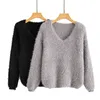 Winter Autumn Korean sweater knitted pullovers for women Loose V-neck Pullover Mohair Long-Sleeve Knitwear Sweater womens Full 210514