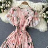 Mulheres em torno do pescoço Costura de renda elástica cintura elástica impressão fina uma linha vestido manga curta elegante vintage harajuku vestidos s771 210527