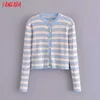 Tangada Korea chique vrouwen gestreepte patroon dunne trui lange mouw dames gebreide jumper tops SW21 210609