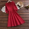 Mori Girl Vintage Corduroy Women Shirt Dress Floral Embroidery Elegant Autumn Winter Dresses Midi For Year 210520