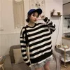 Korea fake two-piece striped fashion chic Autumn ins tops Harajuku vintage O-neck long-sleeved sweatshirt women clothing 210608