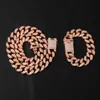 Hip Hop Rose Gold 3pcs / Kit 20mm Full Iced Out Paved Rhinestones Miami Curb Cuban Chain CZ Bling Rapper halsband för män smycken