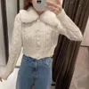 Vrouwen Mode Contrast Knit Faux Fur Jas Reverskraag Vest Vintage Lange Mouw Vrouwelijke Bovenkleding Chic Tops 210520