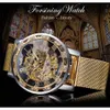 Vencedor Golden Relógios Homens Skeleton Mecânica Relógio de Cristal Malha Slim Aço Inoxidável Banda De Aço Mão WristWatch