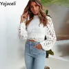 Yojoceli sexig vit spets kvinnor höst blus ihålig ut fest eleganta casual coola toppar kvinnliga blusas 210609