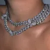 Hip Hop Fashion Charm 12 mm Hip Hop Cadena Cubana Gargantilla de Mariposa Collares para Mujer Collares con Colgante de Cristal de Diamantes de imitación Collares de joyería gótica para Mujer