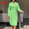 Mode Weißes Hemd Kleid Elegante Büro Damen Langarm Lose Plain Drehen Unten Kragen Weibliche Plus Größe Midi Kleider Sommer