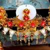 Forseven Noiva Noiva Cabeçal Golden Set Chinês Phoenix Tiara e Coroas Coronet De Ornamento De Cabelo De Casamento Acessórios de Jóias H1022