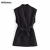 우아한 여성 민소매 블레이저 벨트 패션 사무실 레이디 코트 세련된 여자 자켓 조끼 정장 Veste Femme 210930
