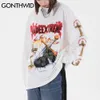 Хип-хоп негабаритные футболки стритвальства огня пламя крест меч череп футболки Harajuku Punk Rock Gothic длинные рукава вершины 210602