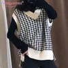 Aelegantmis Kvinnor Oversized Stickad Sweater Vest Houndstooth Ärmlös Loose Female Waistcoat Chic Tops Lady Sticka Jumpers Coats 210607