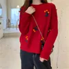 Women Sweater Knitted Pullovers Long Sleeve Crew Neck Navy Blue Red Cherry Fur Ball M0344 210514