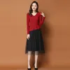 Primavera e outono moda v-pescoço de malha vestido casual saia de laço coreano 210427