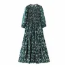 Robe d'impression de motif floral chic vintage Buste élastique O cou à manches longues Casual Wear élégant chic vert robes midi vestidos 210630