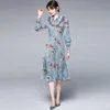 Women Summer Designer Elegant Long Sleeve Print Fashion Sexy Cocktail Party Robe Ladies Blue Vintage Pleated DressVestidos 210525