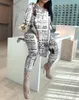 Women's Tracksuits New 2022 Women Outfits Spring Women'S Newspaper Print Tops And Pants High Waist Casual Suit 2 Piece