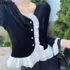 Damenblusen Hemden Neploe Vintage Damen Süße Rüschen Samt V-Ausschnitt Aufflackernhülse Blusas De Mujer Koreanische Elegante Schwarze Kurztops