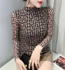 Fashion Women's Tops & Tees Mesh bottom shirt slim show high collar long sleeves retro square print shirtLong Sleeve Base Black cotton elastic soft comfort Top Size S-L