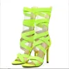 Sandals 2023Women's Fashion Fluorescent Green Stretch Fabric Zipper Women Peep Toe High Heels Hollow Out Ankle Boots