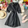 Summer Women Shirt Dress Korean Solid Short sleeve Slim irregular A-line Party Dress Elegant Knee-length dresses 210521