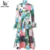 Lato projektant mody Vintage Midi Sukienka z długim rękawem Łuk pasek Elegancki Multicolor Floral Print Vacation 210522
