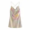 Kvinnor Sommar Sexig Tie Dye Mini Dress Za Ärmlös Spaghetti Strap Satin Bandage Kvinna Eleganta Mode Klänningar Vestidos 210513