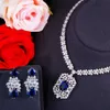 Collier brillant blanc or couleur bleu royal CZ pierre femmes collier de mariage de luxe et boucles d'oreilles ensemble de bijoux pour les mariées T495 210714