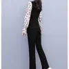 Herbst Koreanische Elegante Zwei Stück Set Frauen Plus Größe Langarm Tunika Chiffon Gedruckt Tops Und Elastische Taille Split Flare hosen 210518