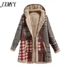 Winter Vintage Women Coat Warm Printing Thick Fleece Hooded Long Jacket with Pocket Ladies Outwear Loose Coat for Women 211106