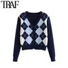 TRAF Femmes Cardigan Vintage Motif géométrique élégant Court Sweater Court Sweat Mode manches longues Angleterre Style Vêtements de dessus Chaquetta 210914