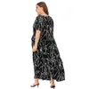 4XL 5XL 플러스 사이즈 드레스 여성 여름 짧은 소매 기하학적 인쇄 프리 스 캐주얼 드레스 블랙 느슨한 대형 맥시 긴 드레스 201025
