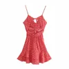 Женские платья красные цветочные рюшащие без спинки мини женщина летом сексуальный тонкий ремешок драпированные вечеринки Vestidos 210430