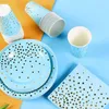 Disposable Dinnerware Blue Gold Foil Birthday Party Weeding Adult Decoration Paper Cup Plate Set