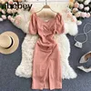 Frauen Elegantes Französisches Kleid V-Ausschnitt Kurzarm Schärpen Schlanke Bürokleider Sommer Mode Streetwear Split Midi Kleid 210715