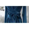 Wiosna Jesień Vintage Elegancki Velvet Party Dresses Midi Long Office Work Sukienka Waistband Tie Królewskie Blue Rats 210513