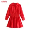 Tangada Jesień Moda Kobiety Czerwona Koszula Bawełniana Sukienka Długi Rękaw Panie Biurowe Mini Dress 2W109 210609