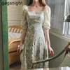 French Vintage Midi Dresses Women Short Sleeve Square Collar Elegant Female Summer Floral Print Beach 210601