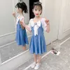 Dzieci Dżinsowe Suknie Dla Dziewczyn Big Bow Girl Patchwork Summer Casual Style Costume 210528