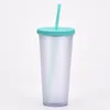 Double-layer Plastic Tumbler with Lids and Straws 700ml Matte Sports Water Cup for Office Home RRB13236