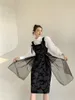Jacquard svart patchwork mesh ärmlös vintage tank klänning båge tunika en linje långa damer midi fairy kläder 210427