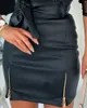 Women Skirts PU Leather Bandage Mini Skirt Ladies High Waist Zipper Pencil Slim Summer Solid Bow 2021